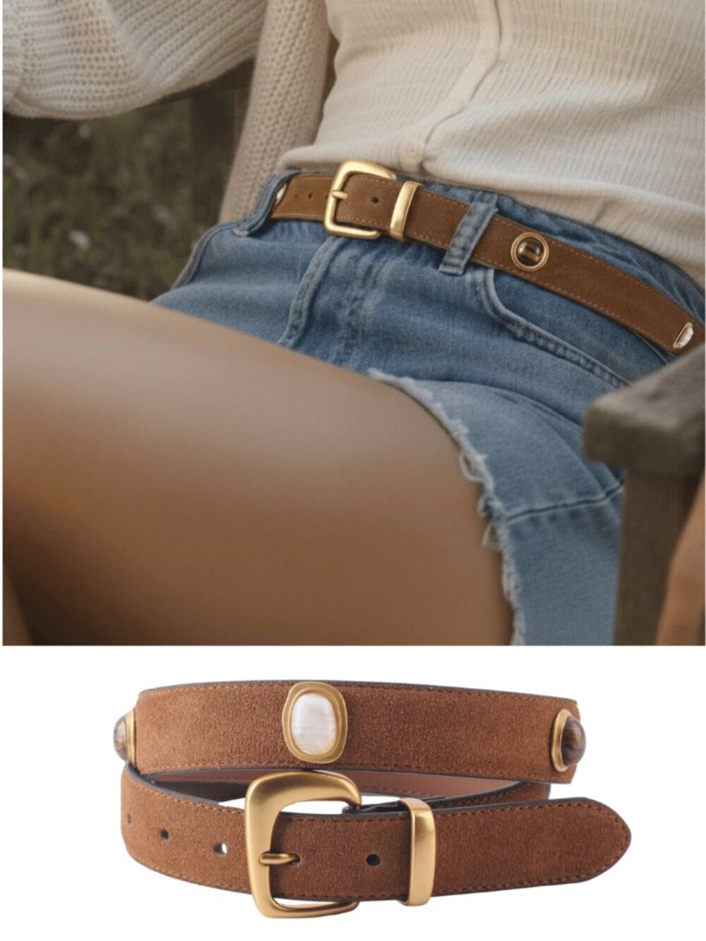 Most Wanted USA Stargazer Stone Studded Suede Belt Caramel Tan Gold Buckle